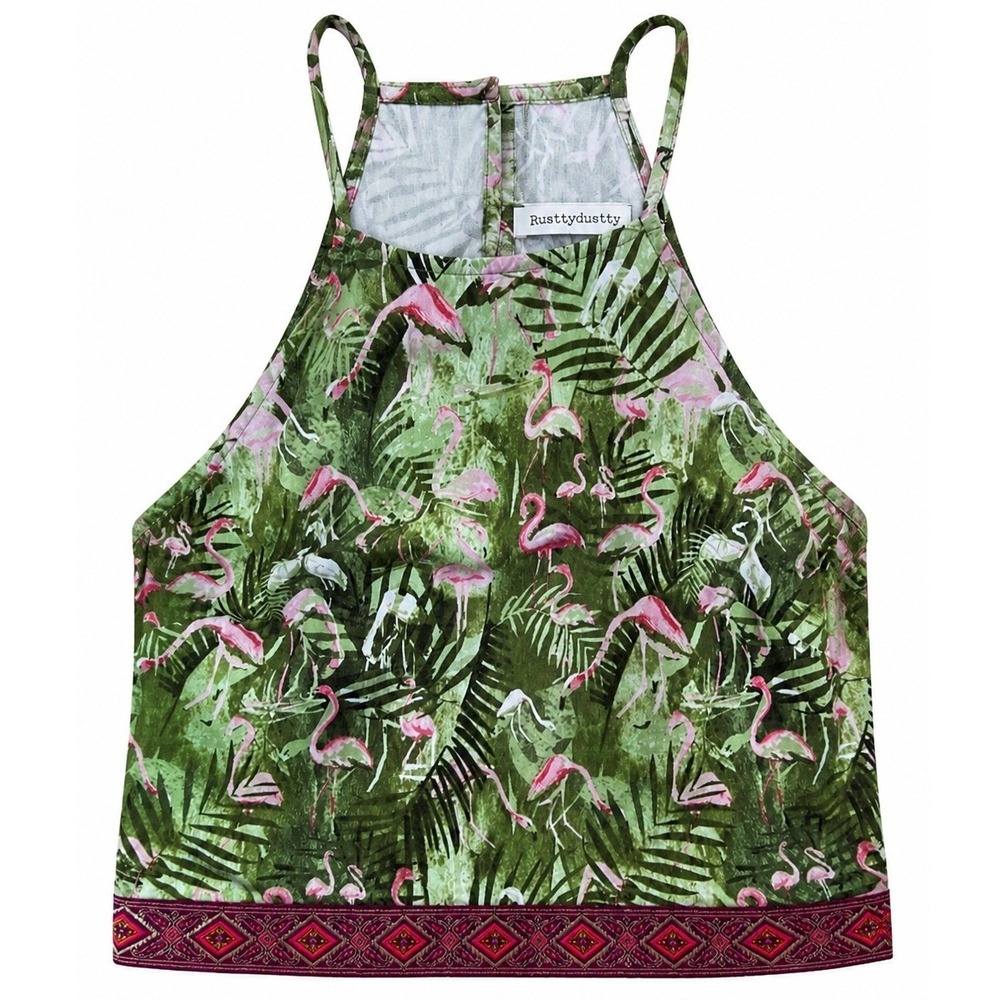 Rusttydustty Halter Top Women's L Flamingo Palm Print Green Pink Crop Top Modern